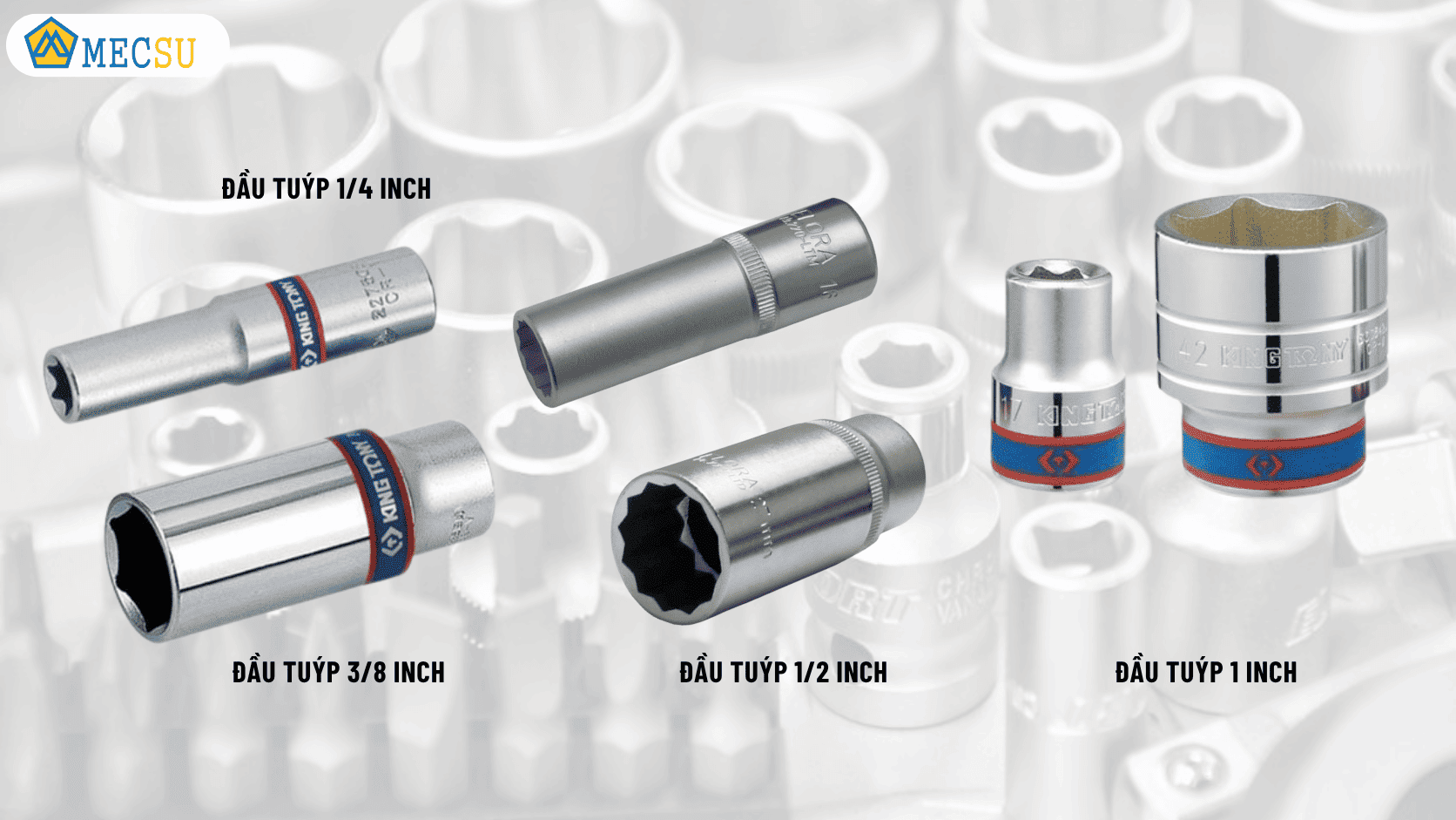 4 đầu tuýp dài xếp theo dải kích thước Drive Size từ nhỏ đến lớn bên cạnh thước kẹp
